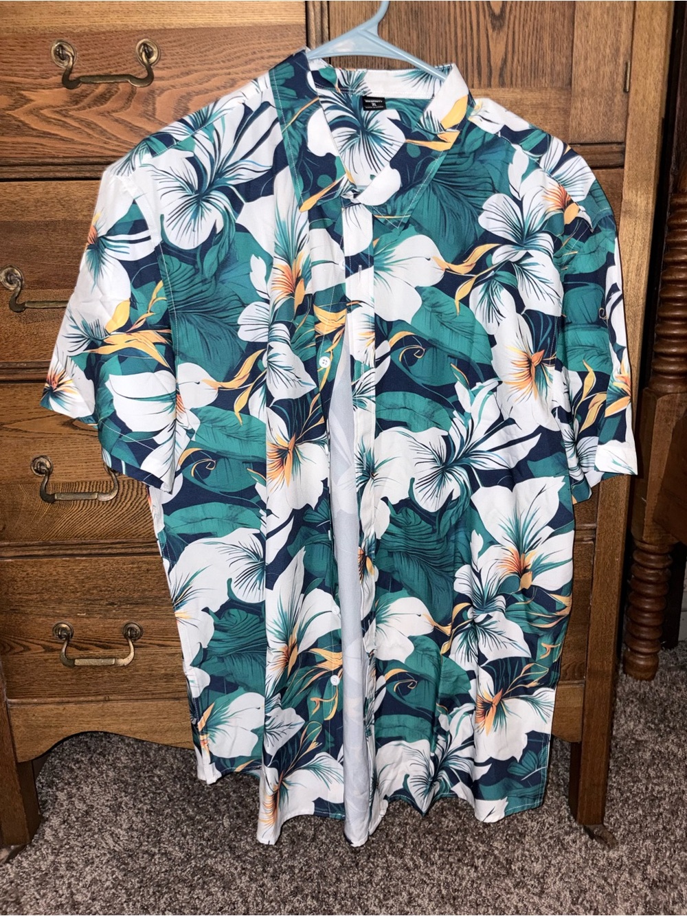 Men's Hawaiian Floral Short-Sleeve Shirt - Teal & White